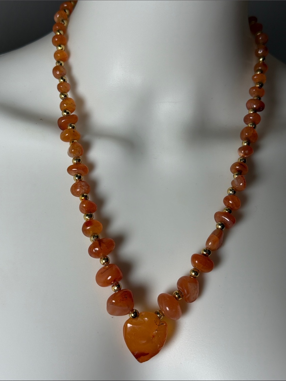 Vintage Nepalese Carnelian Agate Heart Bead Necklace - Orange
